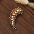 Vintage gold peacock feather brooch with sparkling zircon and elegant white pearls - Feather-9 (Gold Amber Enamel Pearl)