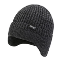 Dark grey knitted ear protection hat with a fuzzy texture and a SPORT fabric label - One Size / Gray