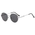 Fashion round silver metal sunglasses with dark grey lenses and diamond-set temples - Silver Frame Grey Lens
