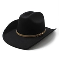 Detailed view of black felt western cowboy hat with vintage brown leather belt buckle - Black