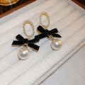 Detail of golden oval hoop earrings with black velvet bows and white pearl pendants - 30# Silver Earring Post - Black (Bowknot Pearl)