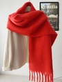 Long winter red mohair scarf with tassels paired with a beige coat for a stylish look - Red