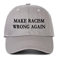 Close-up of gray cotton twill baseball cap with Make Racism Wrong Again embroidery - Gray / Adjustable