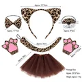 Leopard print cat ears headband costume set with tail, bowtie, gloves and tutu skirt - Leopard Ear 4-Piece Set + Gloves + Coffee Tutu Skirt