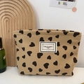 Khaki corduroy makeup bag with brown hearts and TIME TO PARTY label detail - Khaki Heart