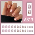 Short square round press-on nails with pink base and metallic apple pear fruit patterns - Fruit Pattern Glue Style (A813)