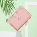 Slim light pink PU leather wallet for women with snap button and metal zipper closure - Pink