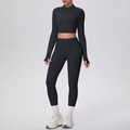 Conjunto de yoga negro de dos piezas con chaqueta de cremallera y leggings altos - S / Negro