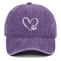 Close-up of heart and paw embroidery on purple washed cotton baseball cap with vintage texture - Adjustable / Purple