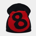 Detail of knitted black beanie featuring a red and black number 8 ball jacquard pattern - Red+Black