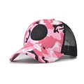 Pink camo trucker hat with round rubber logo patch and breathable black mesh back - Adjustable / Camo Pink