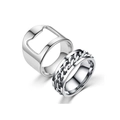 Detailed close-up showing a titanium steel bottle opener ring and chain spinner ring - Size 6 / Bottle Opener Style / Two-Piece Set / Silver