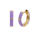 Golden C-shaped hoop earrings with purple enamel coating and sparkling zircon centers - Round Hoop / Purple/Gold
