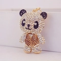 Cute panda car keychain with sparkling rhinestones on golden metal base for women - Coffee