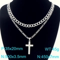 Double-layered stainless steel cross necklace with curb and figaro chains - Double Layer Cross Necklace / Steel Color (KN292218-Z)