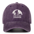 Close-up of white Bigfoot embroidery on a purple washed cotton vintage baseball cap - One Size / Purple