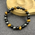 Bracelet en perles d'obsidienne noire, hématite métallique et pierre d'œil de tigre - 8mm Imitation Œil de Tigre Noir Brillant Hématite