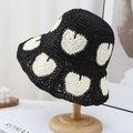 Cappello da sole pieghevole in paglia nero con cuori bianchi per viaggi in spiaggia - Taglia Unica (54-58cm) / Nero