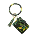 Silicone bracelet keychain with black lemon print PU leather card holder and tassel - Lemon Black