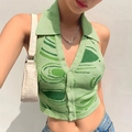 Top corto in maglia verde con motivi astratti irregolari e colletto con bottoni frontale - Taglia S / Unakite