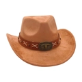 Brauner Cowboyhut aus Wildlederimitat mit Lederband, Nieten und Stierschädel-Emblem - Einheitsgröße / Khaki