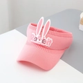 Pink knitted sun visor for children featuring cute 3D rabbit ears and Rabbit lettering - Rabbit Ear Topless Hat / Watermelon red