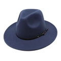 Detail view of a navy wool fedora hat featuring a black leather band and gold buckle - M (56-58cm) / Navy Blue