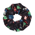 Close-up of black Christmas scrunchie with snowman, candy cane and tree patterns - Black