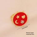 Bague ronde émaillée rouge avec motifs étoile cœur lune dorés et zircon coloré sur cuivre - Style Disque Mixte Étoile Lune (3#)