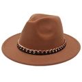 Detailed view of brown fedora hat with elegant gold chain link and black ribbon band - M (56-58cm) / Khaki (Black Chain Decor)