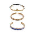 Three-piece gold plated stainless steel bracelet set with crown charm and Roman numerals - Blue Roman Numeral Bangle Set A