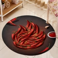 Round flannel floor mat with realistic chili pepper fire pattern and garlic detail - Chili Flame Design