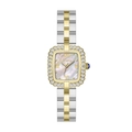 Women's square quartz watch with diamond bezel and silver-gold tone mixed metal band - Two-Tone Gold Steel Strap