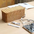 Rattan power strip organizer box with cable clips and ties for desk cord management - Single Opening Style + Full Cable Organizer Set