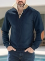 Detail of navy corduroy pullover with sherpa collar and brown elbow patches - S / Tops / Navy Blue
