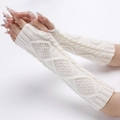 Detail of white chunky knit arm warmers with cable stitch and diamond pattern texture - One Size / White