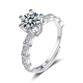 Six-prong crown ring with round solitaire stone and pavé geometric chain band - Adjustable Open / J71 1 Carat