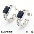 Silver stainless steel C-shaped earrings with black rectangular gemstone, 20x8mm size - Steel Black (KE111465-GC)