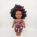 Black vinyl reborn doll with floral romper, red headband and music function inside - 33CM Girl Doll Style 2