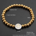 Pulsera de cuentas doradas 6mm con medalla San Benito de acero y colgante moneda 11mm - Dorado