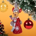 Close-up of a reindeer ornament with red knit sweater hanging on a snowy Christmas tree - Deer
