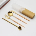 Golden stainless steel cutlery set with orange handles and cherry blossom spoon in case - Type C Orange Yellow+Gold
