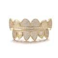 Hip hop gold plated iced out grillz set with shiny cubic zirconia stones for teeth - Gold (Full Set)