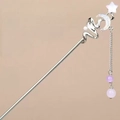 Silver snake hair pin with star moon charms and purple beaded tassel pendant - Moon & Star