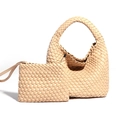 Handwoven apricot tote set with large shoulder bag and matching wristlet clutch - Apricot