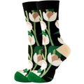 Mid-calf cotton crew socks in black featuring white tulip patterns and green floral accents - Size 35-42 / Black Floral
