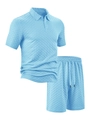 Ensemble polo en tricot bleu clair et short à cordon avec texture à chevrons - Bleu clair