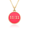 Detailed macro view of 11:11 red enamel round pendant with gold plating on white surface - Bright Red (B005)