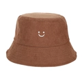 Bob en velours côtelé marron avec broderie smiley blanc et bord large surpiqué - Marron