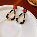 Retro scale fringe earrings with red black enamel and zircon inlays on white tray - 925 Sterling Silver Earring Post-Black (Real Gold Plating)